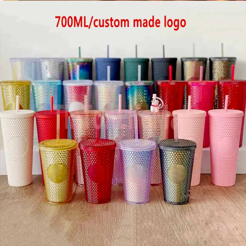 Fast delivery 24 oz Personalized Plastic Bling Rainbow Unicorn Studded Cold Cup Tumbler coffee mug with straw FY4488