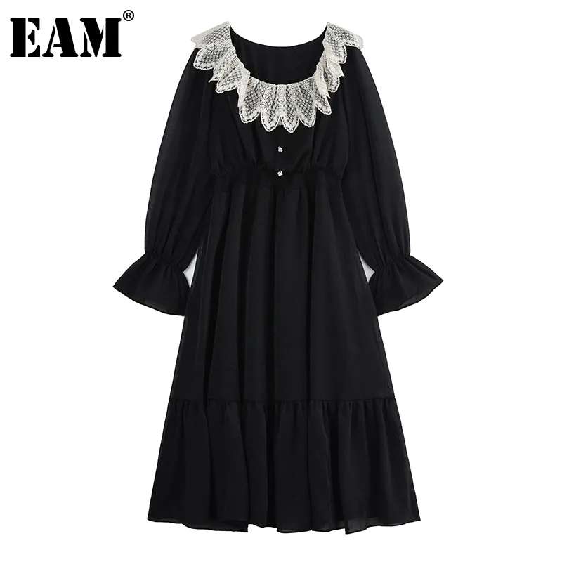 [EAM] Women Black Ruffles Lace Elegant Dress Round Neck Long Puff Sleeve Loose Fit Fashion Spring Autumn 1DD7885 210512