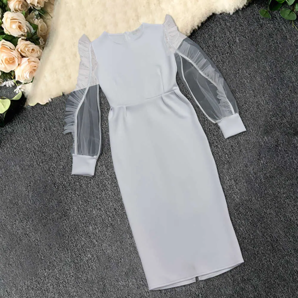 Office Ladies Elegant White Bodycon Dress with Soft Tulle Ruffles Sheer Long Sleeve Midi Calf Back Slit Slim Fit Plus Size 210527