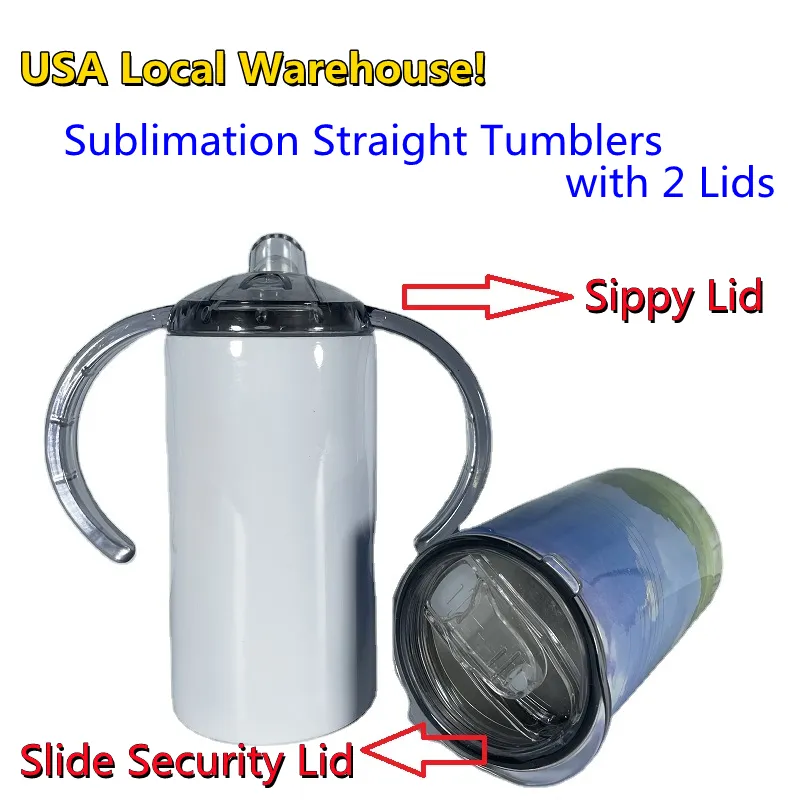 USA Stocks Sublimation 12oz Schnabeltassen Kinderbecher mit zwei Deckeln weiße Rohlinge gerade Wasserflaschen Schiebedeckel Edelstahl doppelwandig isoliert Vakuumbecher DIY