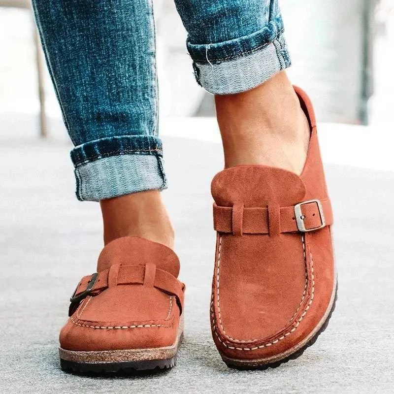 Women's Flat Buckle Sandals Plus Size Casual Shoes 2021 New Style Heel Loafers Korean Fashion Trendy Peas Y0907