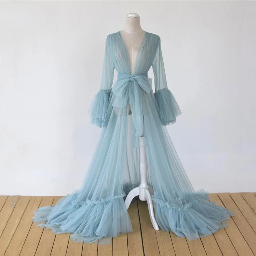 Chic Tulle Blue Prom Dresses Dusty Maternity Jurk voor Photoshoot See Thru Puffy Sleeves V-hals Lange Robe Damesjurken