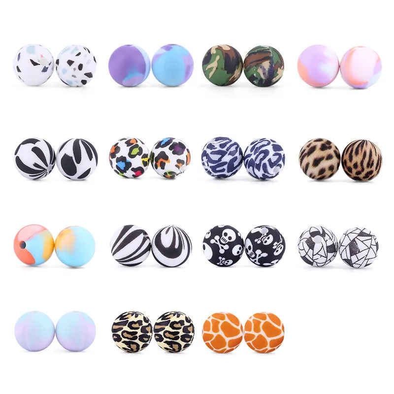 12mm silikon runda pärlor tryckta personifierade zebra, leopard, ko, kamouflage, skalle print för DIY