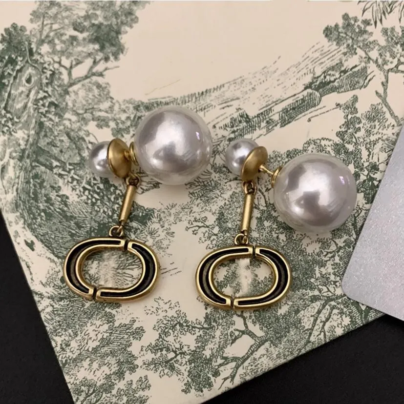 European and American front back pearl letters Dangle & Chandelier bronze color old retro post-hanging atmospheric earrings female high quality