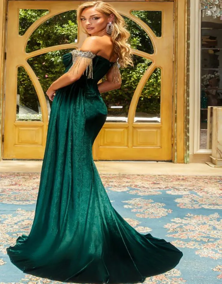 sachin and babi light blue dress Emerald Green Velvet Mermaid Reem Acra Evening Gowns with Tassel Detail