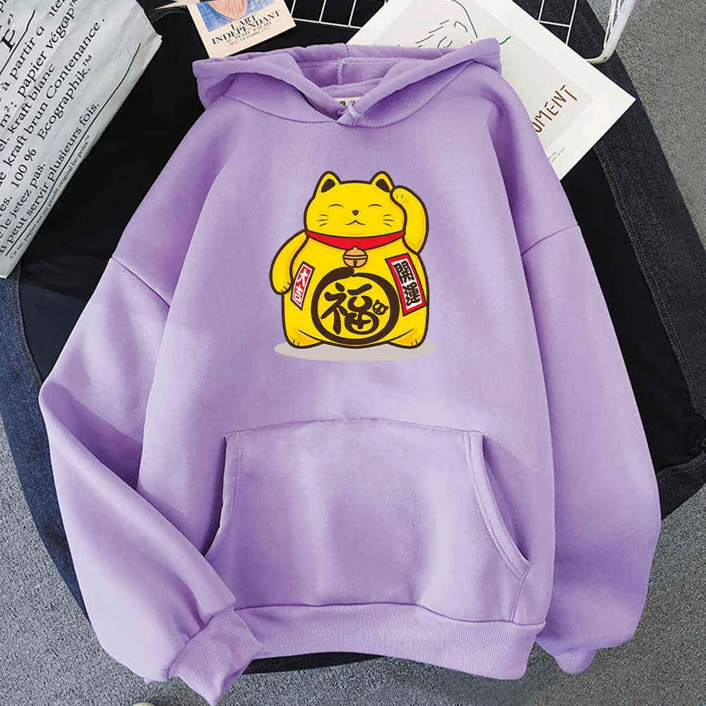 Fortune Cat Kawaii Hoodies негабаритные печать CODDIES для подросткового эстетика с длинным рукавом уличная одежда осень зима мода розовый пуловер Y0820