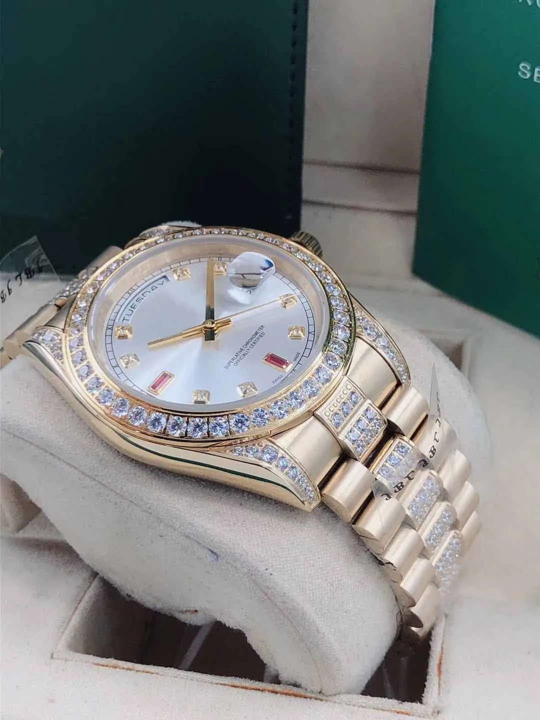 Master watches, fashion business, diamond bezel strap, gold case, 36 mm disk sapphire glass, folding buckle, mechanical automatic chain movement, wholesale and retail