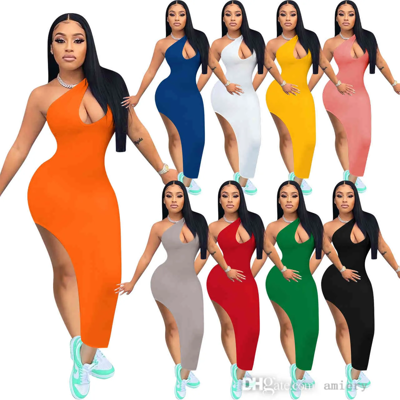 Kvinnor Mode Klänningar Solid Färg Sexig Diagonal Shoulder Slit Klänning Nattklubb Kläder för Sommar 2021