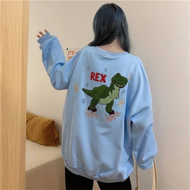 Oversized sweatshirt vrouwen lente en zomer losse kawaii groene dinosaurus harajuku losse luie dingen esthetische stijl 210809