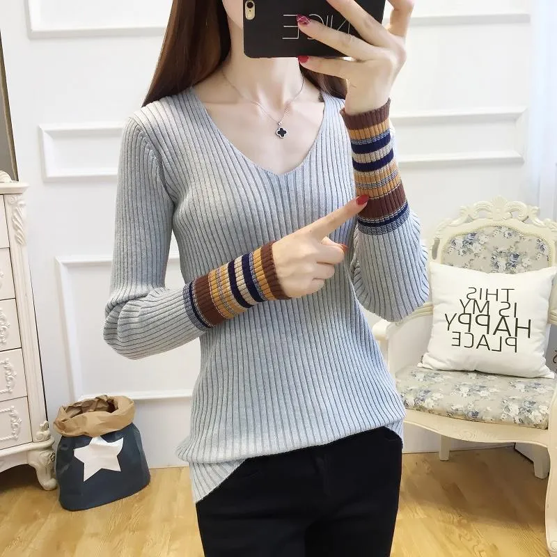 Women's Black Knit Pullover Sweater, V-Neck Long Sleeve Patchwork Korean  Slim Knitted Jumper for Autumn Winter