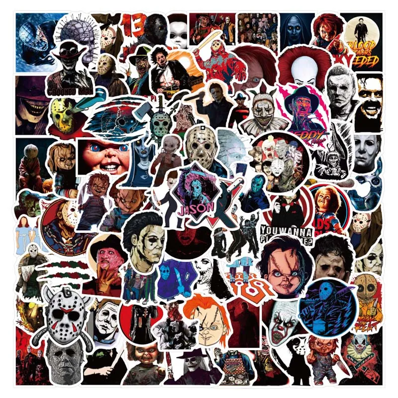 100PCS Vehicle Horror Movie Stickers Laptop Freday Childs Play Decals Skateboard Guitar Suitcase Freezer Motorcycle Graffit DIY Cartoon Kid Gift Sticker