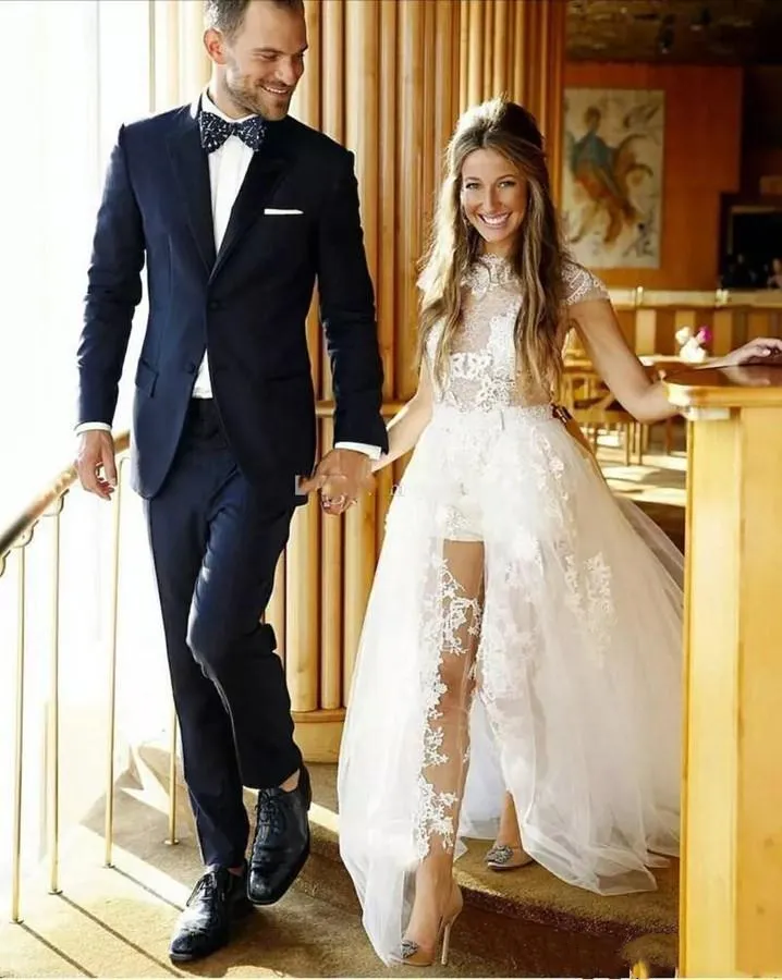 Boho Beach Wedding Jumpsuit With Overskirt And Lace Applique Sexy See Through Boho Bridal Gowns With Cap Sleeves For Summer Weddings From Sexybride 144.73 DHgate.Com