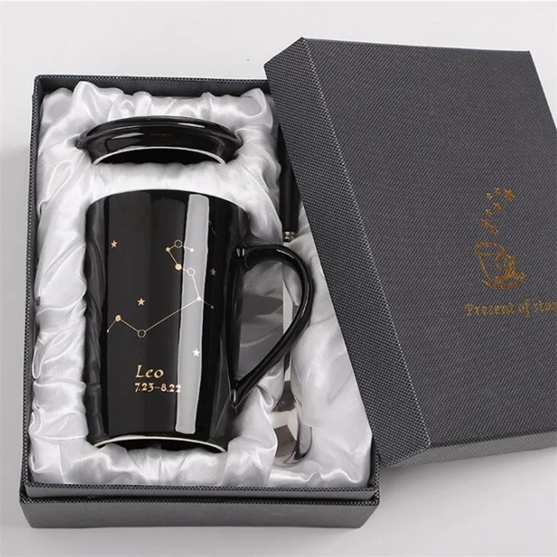 With Gift Box 12 s Creative Ceramic Mugs with Spoon Lid Black and Gold Porcelain Zodiac Milk Coffee Cup 400ML Water 220311