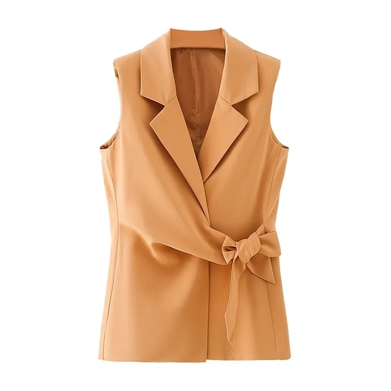 Mode Kvinnor Solid Orange Vest Elegant Lady V-Neck Bow OuterWear Causal Kvinna Slim Girls Chic Sets 210527