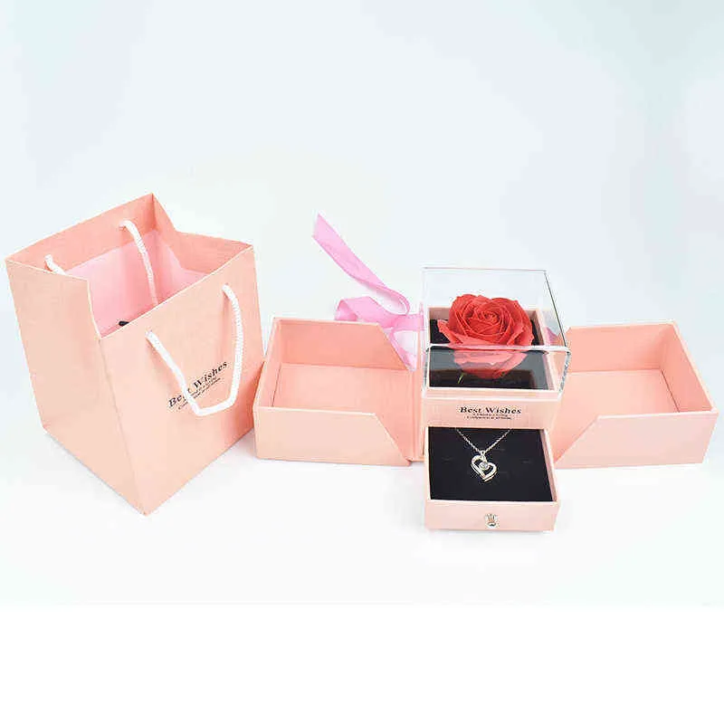 Valentijnsdag Gift Rose Flower Jewelry Doos met 100 taal I Love You Necklace met Acrylic Case Y1216