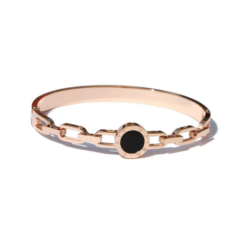 Yun Ruo New Arrival Black Roman Bangle Lover Cuff Rose Gold Silver Color Titanium Steel Jewelry Woman Not Fade Korean Style Q0717