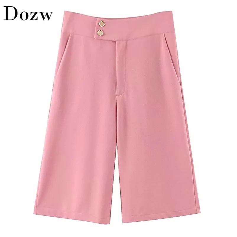 Summer Solid Knee Length Pants Women Casual High Waist Straight Trousers Ladies Pleated Loose Wide Leg Female 210515
