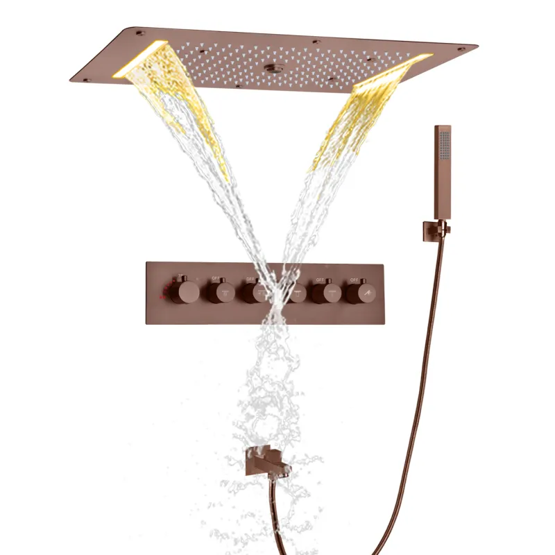 Sistema de ducha de bañera termostática marrón 700x380 mm LED Baño Hydro Jet Massage Head con spray de mano