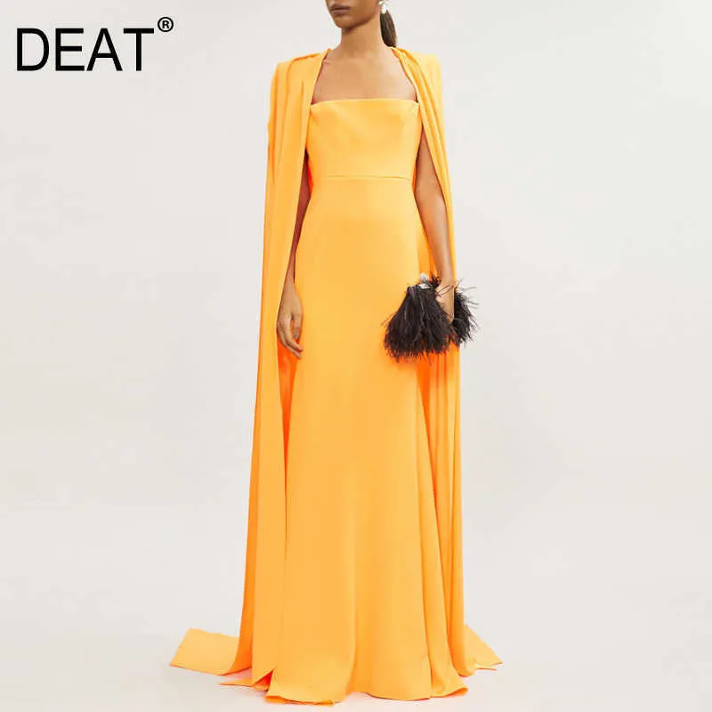 [DEAT] femmes haute qualité robe jaune sans manches col carré coupe ample tempérament mode printemps été 13D112 210527
