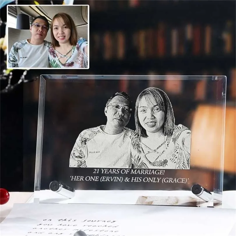 Custom Crystal Glass Clear Po Frame Laser Engrave Personalized Room Ornaments Birthday Gift Family Lovers Wedding Souvenir 211222