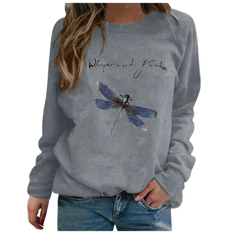 Dragonfly Print Sweatshirts Lange Mouwen Dieptepunt Verdikking Vrouwelijke Sweatshirt Casual Koreaanse Stijl Meisje Blouse Trui