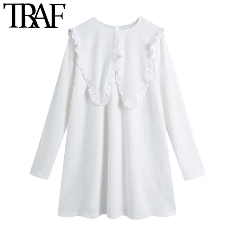 Kvinnor söt mode med ruffle trim vit mini klänning vintage stor krage långärmad kvinnlig klänningar vestidos mujer 210507