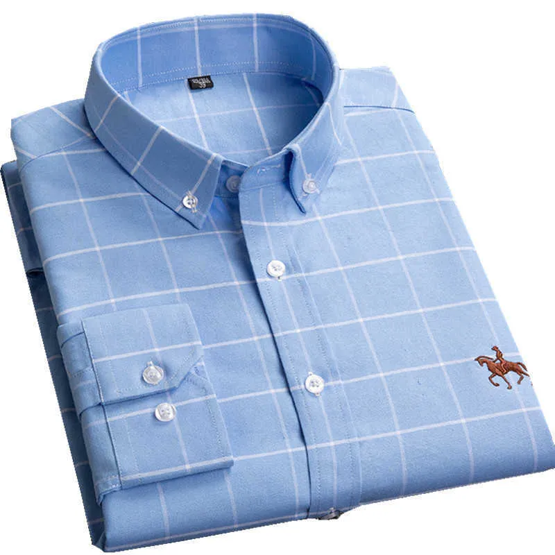 Plaid Oxford Dress Shirts Men England Style Pure Cotton Pocketless Casual Social Camisa Soft Fit Checkered Man Blouse Big5XL 6XL 210609