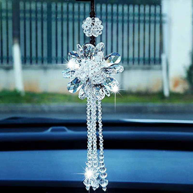 Pendentif Rétroviseur Fleur Crocheté Main - Décoration Voiture Bohème Rose - Coton, Longueur ~41cm - Cadeau Original - 11