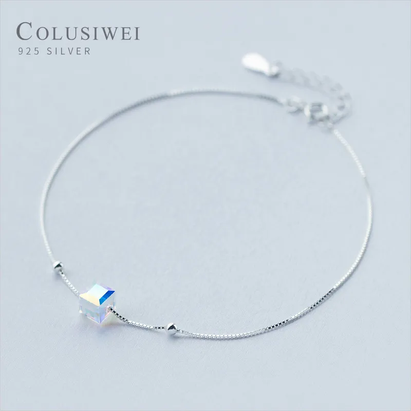 Colusiwei Genuine 925 Sterling Crystal Cube Silver Anklet for Women Charm Bracelet of Leg Ankle Foot Accessories Fashion