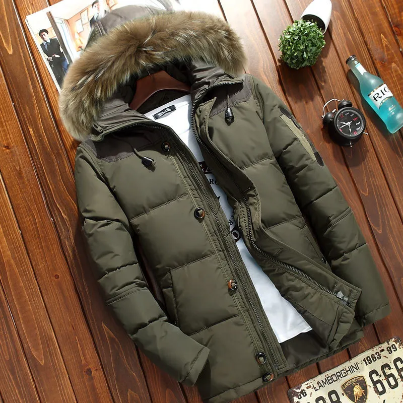 럭셔리 브랜드 남성용 다운 재킷 겨울 남성용 두꺼운 후드 워드 다운 재킷 캐주얼 망 단색 화이트 오리 코트 모피 칼라 남성 따뜻한 Zippe