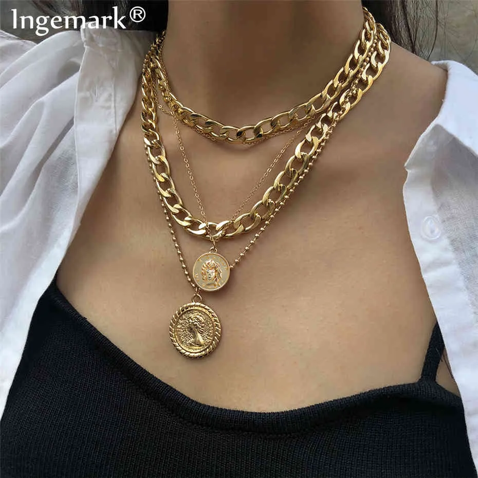 Ingemark punk miami cubano gargantilha colar colar hip hop grande grossa cadeia grossa moda rainha moeda pingente colares mulheres jóias