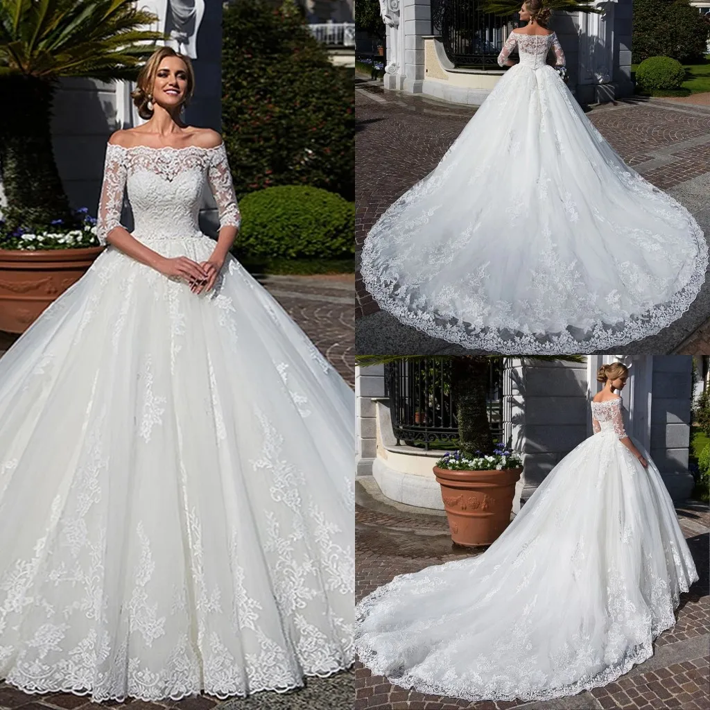 Robe de mariée vintage à épaules dénudées 2021 arabe Aso Ebi dentelle appliquée grande taille princesse robes de bal avec 3/4 manches longues mariées Boho Puffy Vestido De Novia AL9501