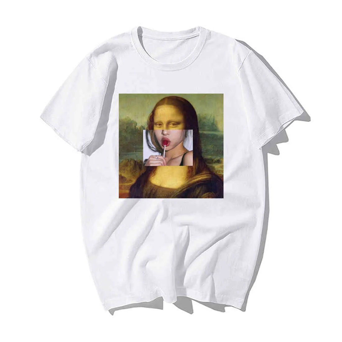 Funny Da Vinci Mona Lisa Print T Shirt Men Fashion New Summer Hip Hop Tops Mens Cotton Short Sleeve T-Shirt Harajuku Streetwear
