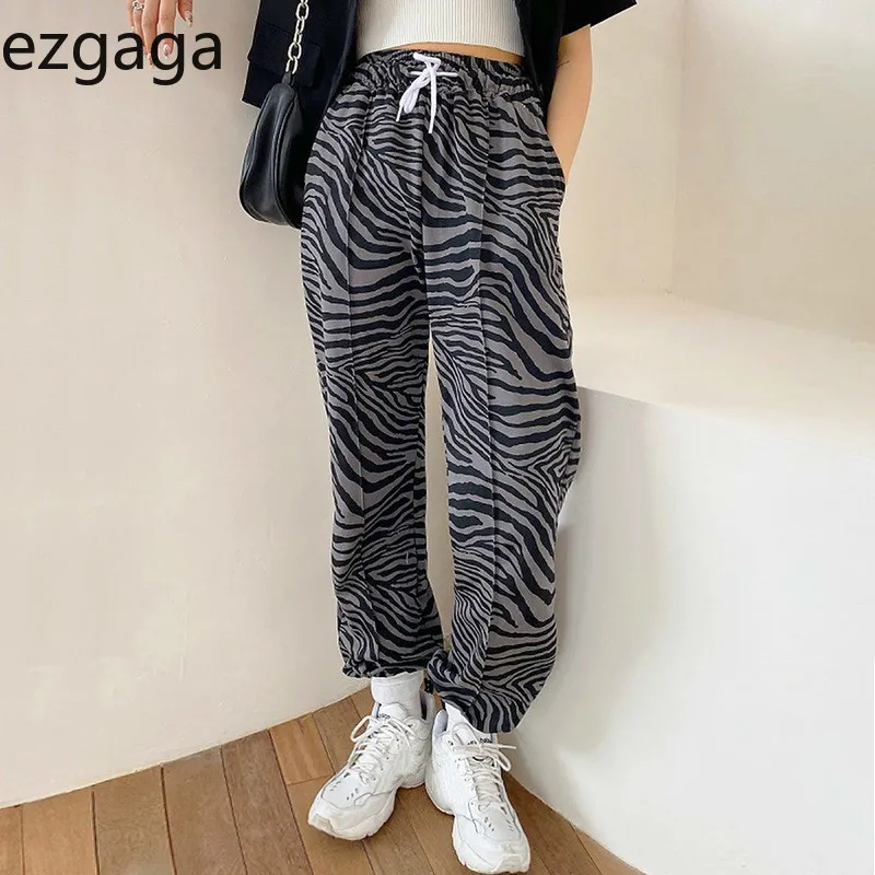 Ezgaga Kobiety Spodnie Jesień Moda Seksowna Zebra Stripe Wysoka Talia Elastyczna Luźna Sportowa Sportowa Proste Femme Pantalon Casual 210430