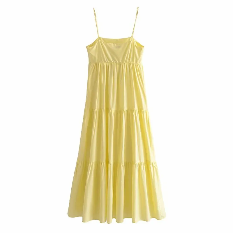 Yellow Strappy Backless Cotton Midi Dress for Women - Elegant Pleated Long Party Wear Midi (210430) Yellow Strappy Backless Cotton Midi Dress for Women - Elegant Pleated Long Party Wear Midi (210430)