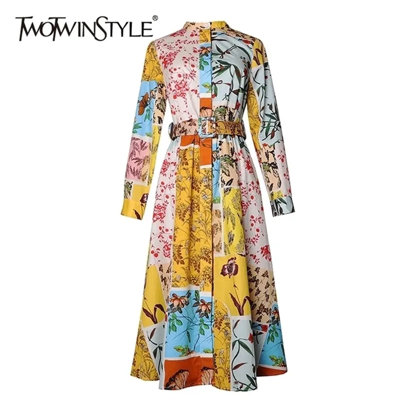 Casual Print Femmes Robe Stand Collier à manches longues Taille haute avec ceintures Hit Robes de couleur pour la mode féminine 210520