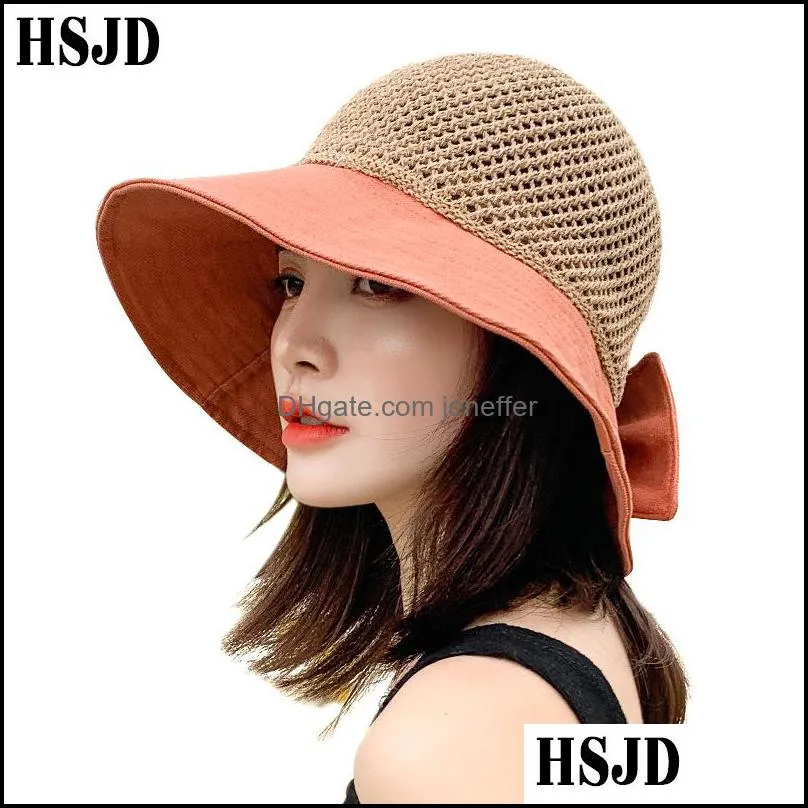 2020 New Bow Sun Hat Cap Wide Brim Floppy Top Summer Hats For Women Beach Panama Straw Dome Bucket Hat Hollow Out Visor Bonnet C0305