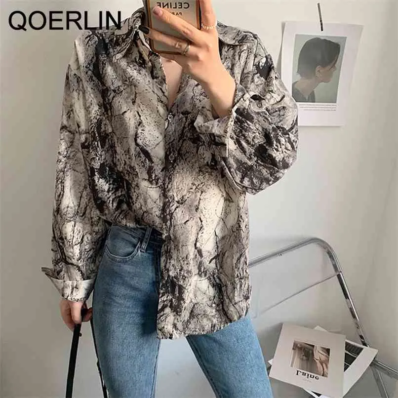 Daily Ulzzang Abstract Tinta Mulheres Camisa Coreana Retro Impresso Longa Manga Chique Estudantes Estudantes Estudantes Soltos Fino Chiffon 210601