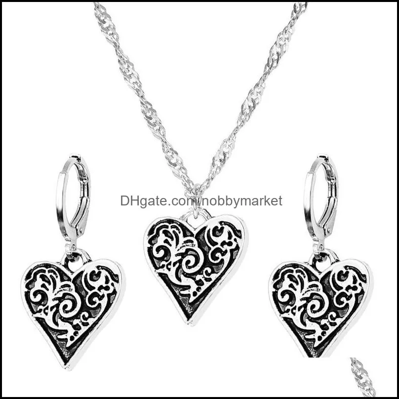 Earrings & Necklace Vintage Heart Jewelry Sets For Women Ancient Silver Color Geometric Flower Pattern Set Gift