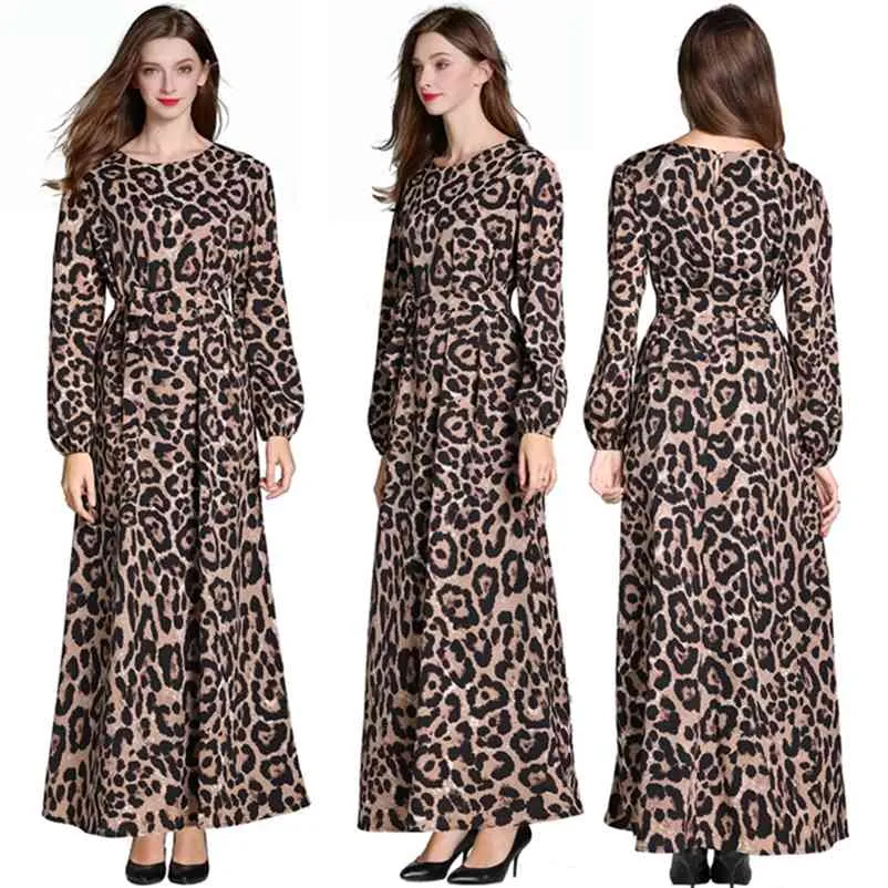 Kvinnor leopard print ankel längd klänning vintage långärmad casual parti es damer kontor elegant o-hals 210514