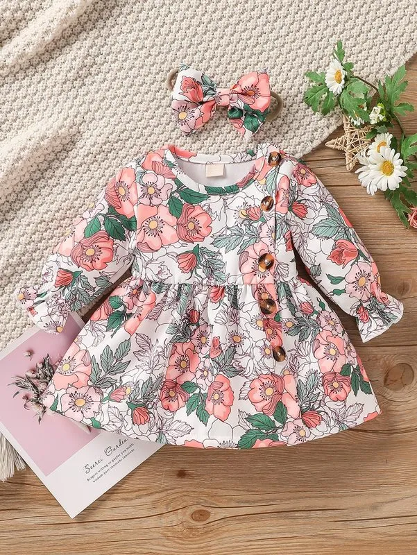 Baby Floral Print Flounce Sleeve Button Detail Dress & Headband SHE