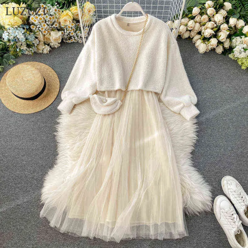 LUZUZI Korean Fashion Two Pieces Suit Women Set Knitted Spring Summer Sweet O Neck Sweaters And Spaghetti Strap Mesh Dress Set G1214
