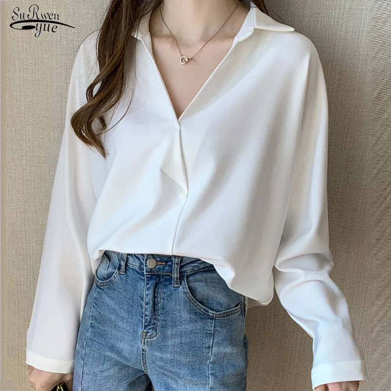 Blusas Jesień Koreański Luźny Z Długim Rękawem V-Neck Białe Koszule Kobiety Office Lady Solid Bluzki Moda Topy 10511 210521