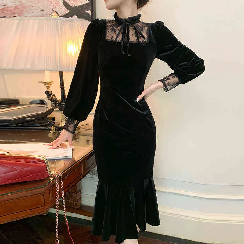 Svart Slim Velvet Dress Kvinnor Party 2021 Höst Långärmad Lace Vintage Midi Dress Office Ladies Elegant One Piece Dress Korean Y1204