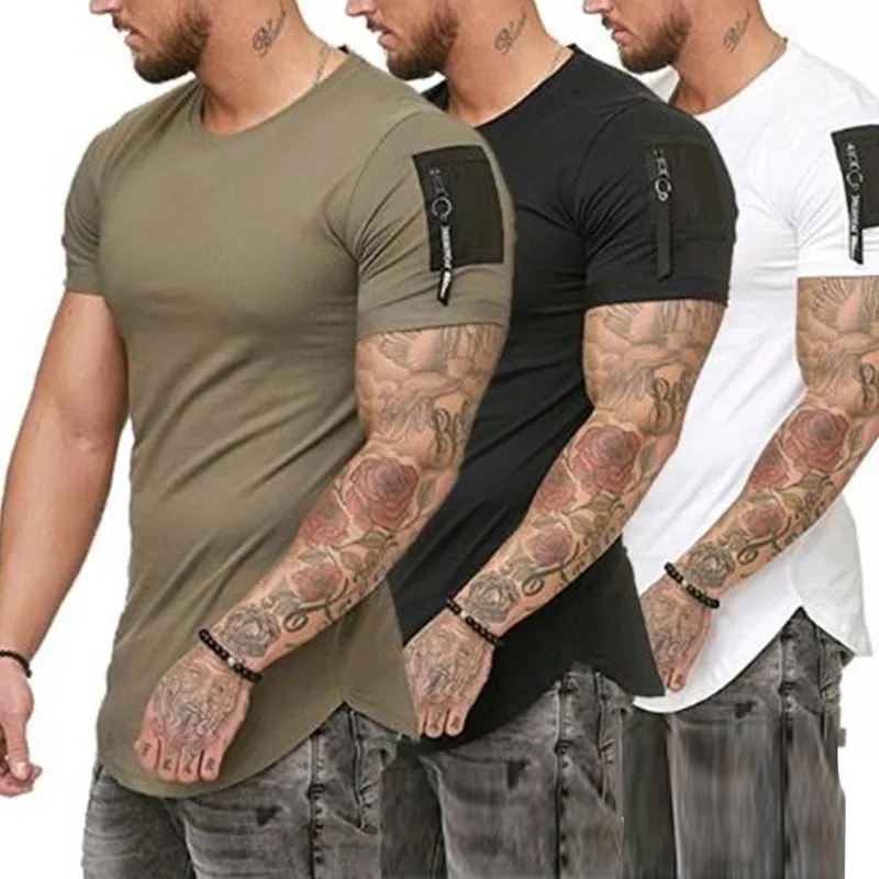 Short Sleeve T Shirt Men Summer Zipper Hip Hop Men's T-shirt High Street Slim Longline Curved Hem Tops Fitness Basic Tee Shirts 210603