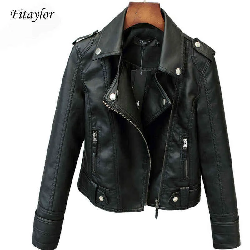 Fitaylor vårhöst kvinnor kort faux pu jacka smal mode punk outwear motorcykel läderjacka casual coat 211118