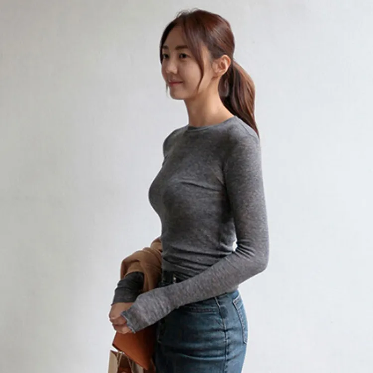 Plain T Shirt Women Cotton Elastic Basic T-shirts Female Casual Tops Long Sleeve Sexy Thin T-shirt see through