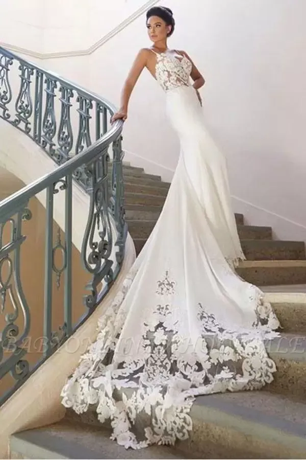 Sexy Lace Appliqued Mermaid Wedding Dresses Vintage Spaghetti Open Back Beach Bohemian Bridal Gown BM0968 5j12208