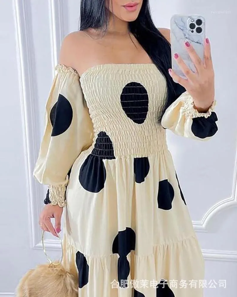 Casual Dresses Women Off Shoulder Polkadot Backless Print Shirring Detail Fit And Flare Maxi Dress