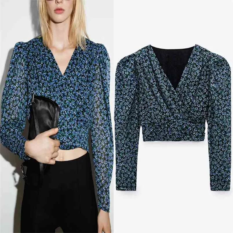 Bleu Floral imprimé haut court femmes Vintage col en V manches longues bouffantes en mousseline de soie Blouse femme mode élégant dames hauts 210519